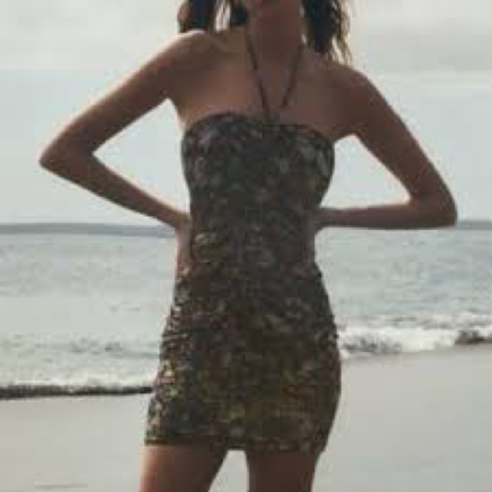 104- ZARA Black Paisley Print Mini Dress Strapless Halter Boho Chic